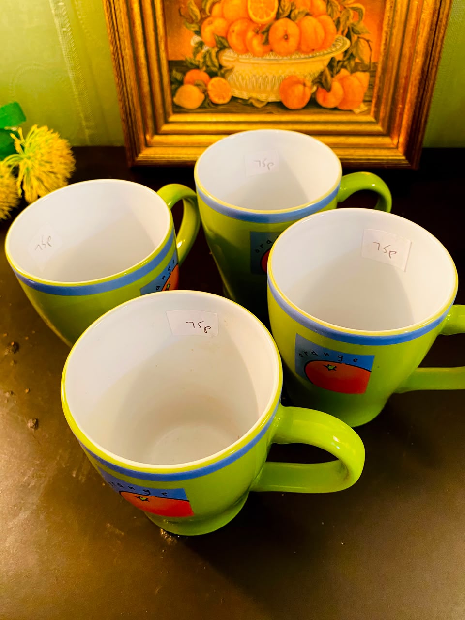 Lime Green Orange Motif Ceramic Mugs 4 Pieces 12cm