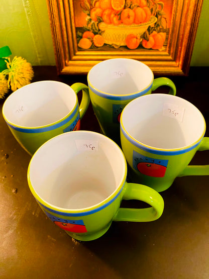 Lime Green Orange Motif Ceramic Mugs 4 Pieces 12cm