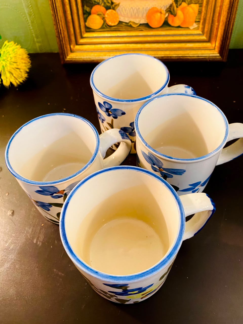 Blue Floral Ceramic Mugs White 4 Pieces 11cm