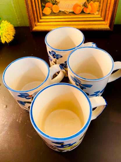 Blue Floral Ceramic Mugs White 4 Pieces 11cm