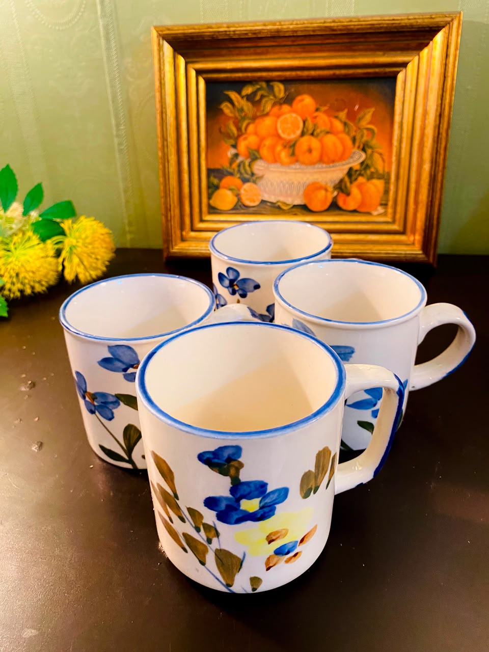 Blue Floral Ceramic Mugs White 4 Pieces 11cm