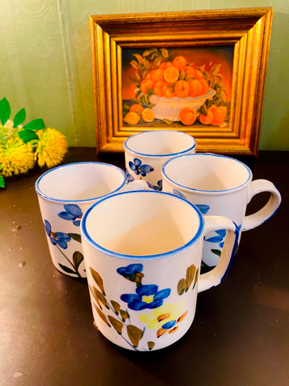 Blue Floral Ceramic Mugs White 4 Pieces 11cm