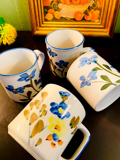 Blue Floral Ceramic Mugs White 4 Pieces 11cm