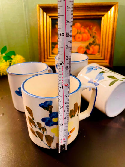 Blue Floral Ceramic Mugs White 4 Pieces 11cm