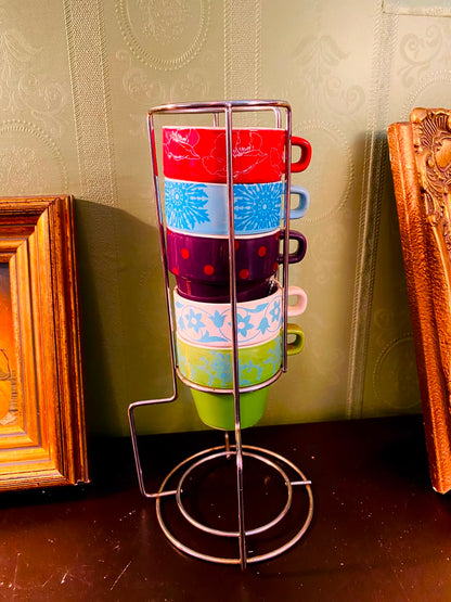 Colourful Ceramic Espresso Cup Set with Stand 6 Pieces 25cm