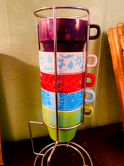 Colourful Ceramic Espresso Cup Set with Stand 6 Pieces 25cm