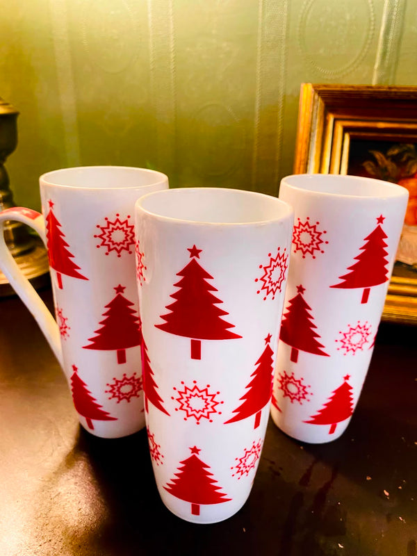 Red Christmas Tree Ceramic Mugs 3 Pieces 15cm