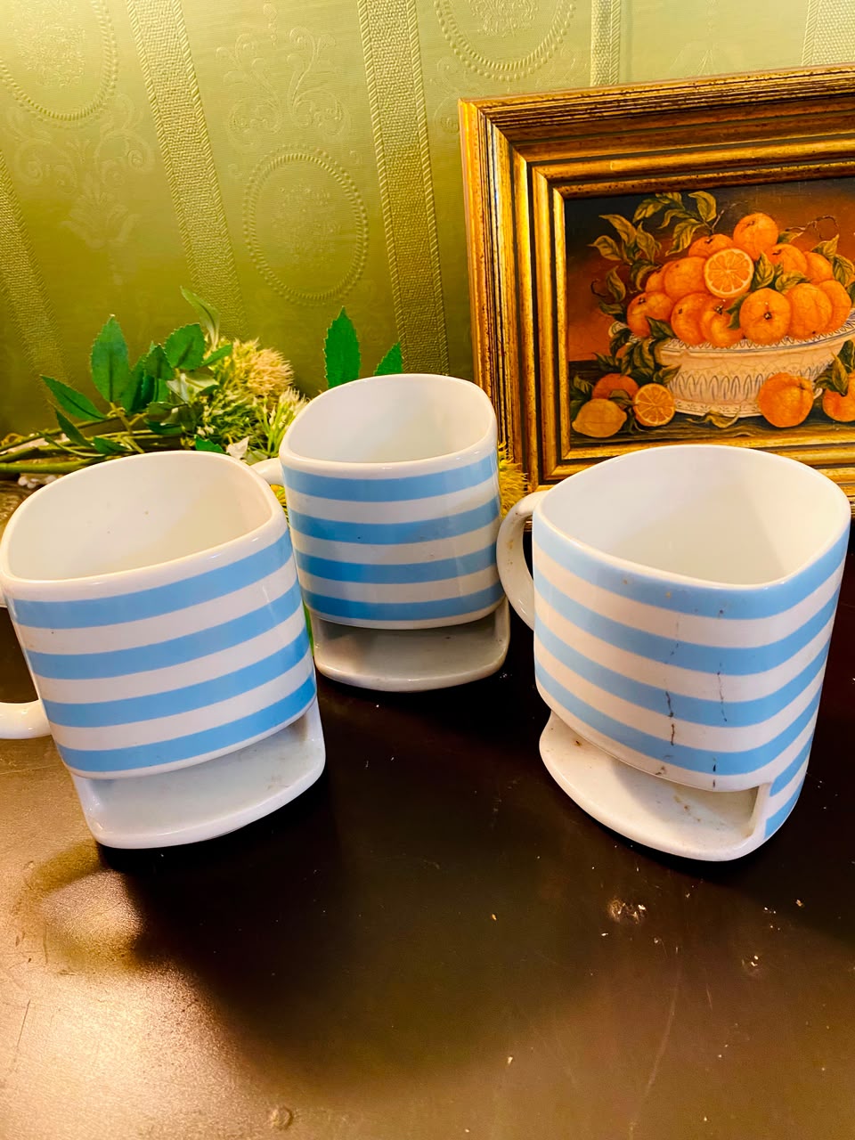 Blue Striped Ceramic Mugs with Pedestal Base 3 Pieces 11cm
