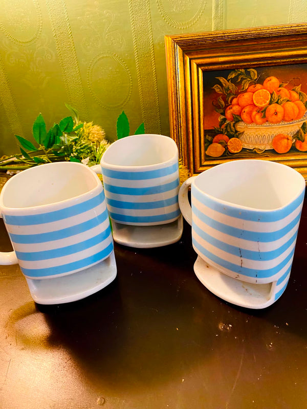 Blue Striped Ceramic Mugs with Pedestal Base 3 Pieces 11cm