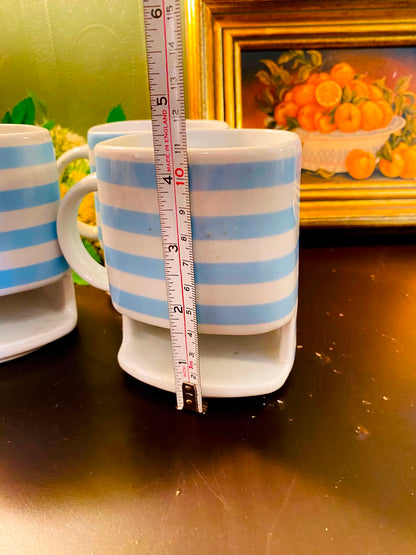 Blue Striped Ceramic Mugs with Pedestal Base 3 Pieces 11cm