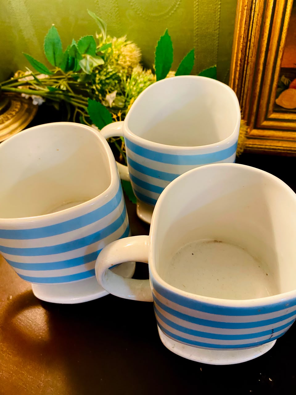 Blue Striped Ceramic Mugs with Pedestal Base 3 Pieces 11cm