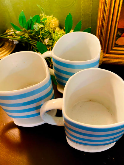 Blue Striped Ceramic Mugs with Pedestal Base 3 Pieces 11cm
