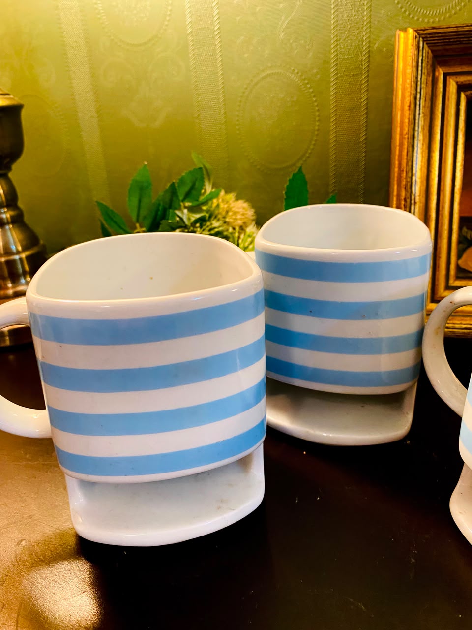 Blue Striped Ceramic Mugs with Pedestal Base 3 Pieces 11cm