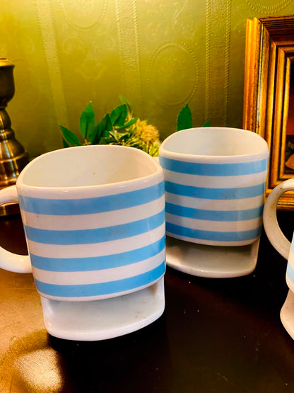 Blue Striped Ceramic Mugs with Pedestal Base 3 Pieces 11cm
