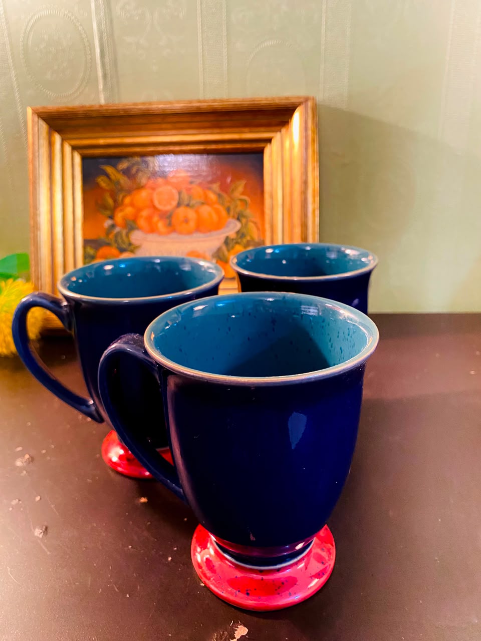 Navy Blue Footed Ceramic Mugs 3 Pieces 12cm