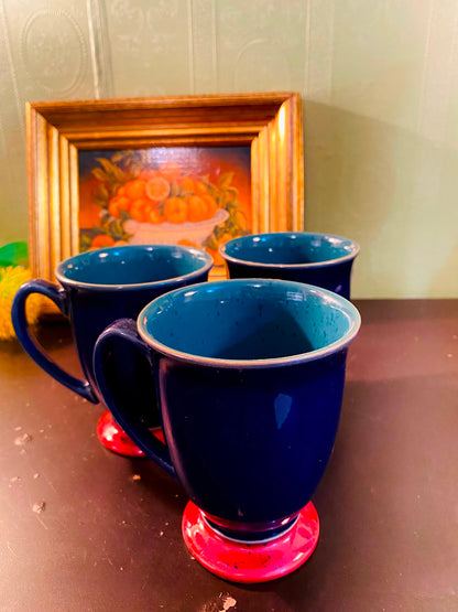 Navy Blue Footed Ceramic Mugs 3 Pieces 12cm
