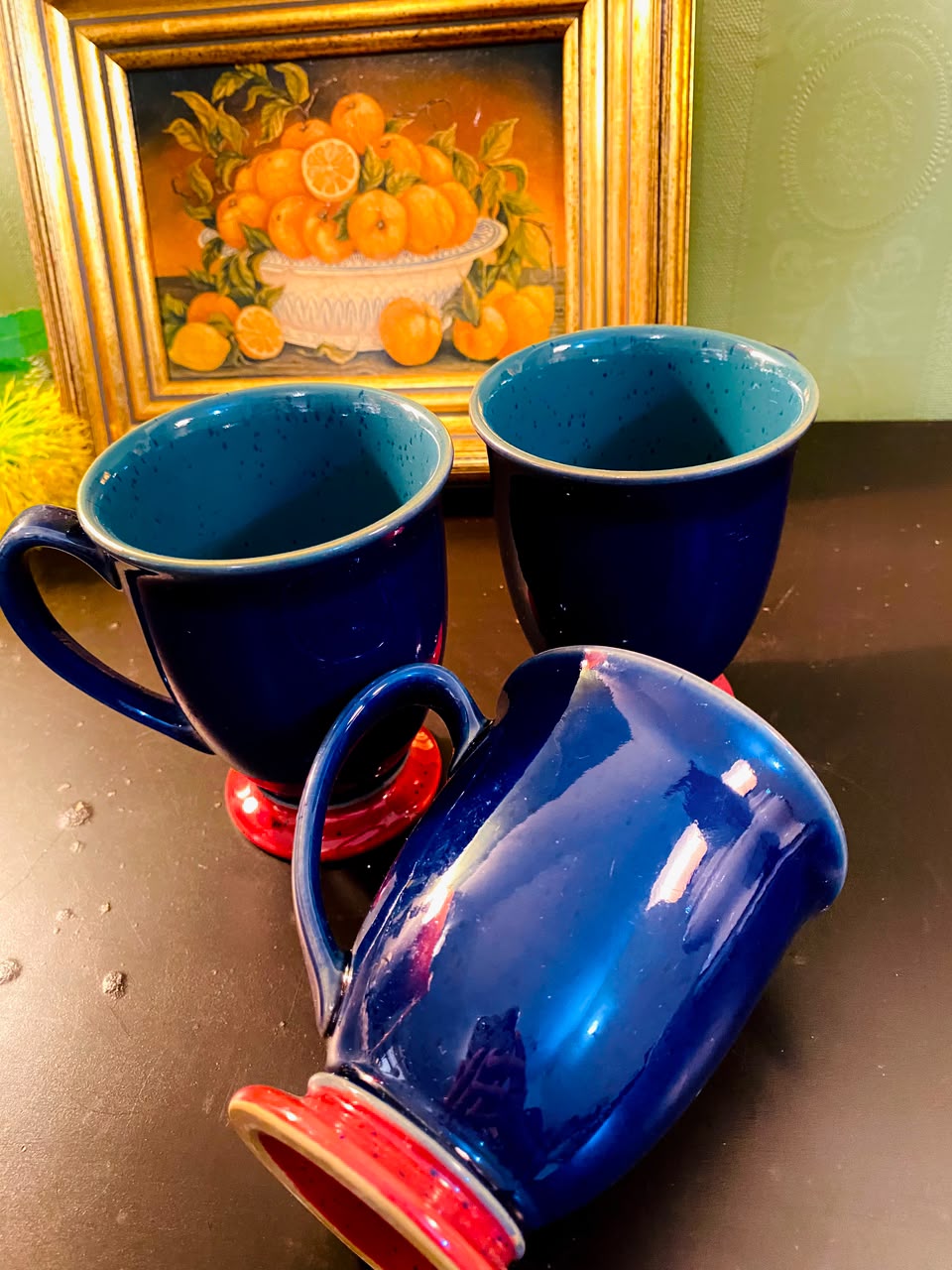 Navy Blue Footed Ceramic Mugs 3 Pieces 12cm