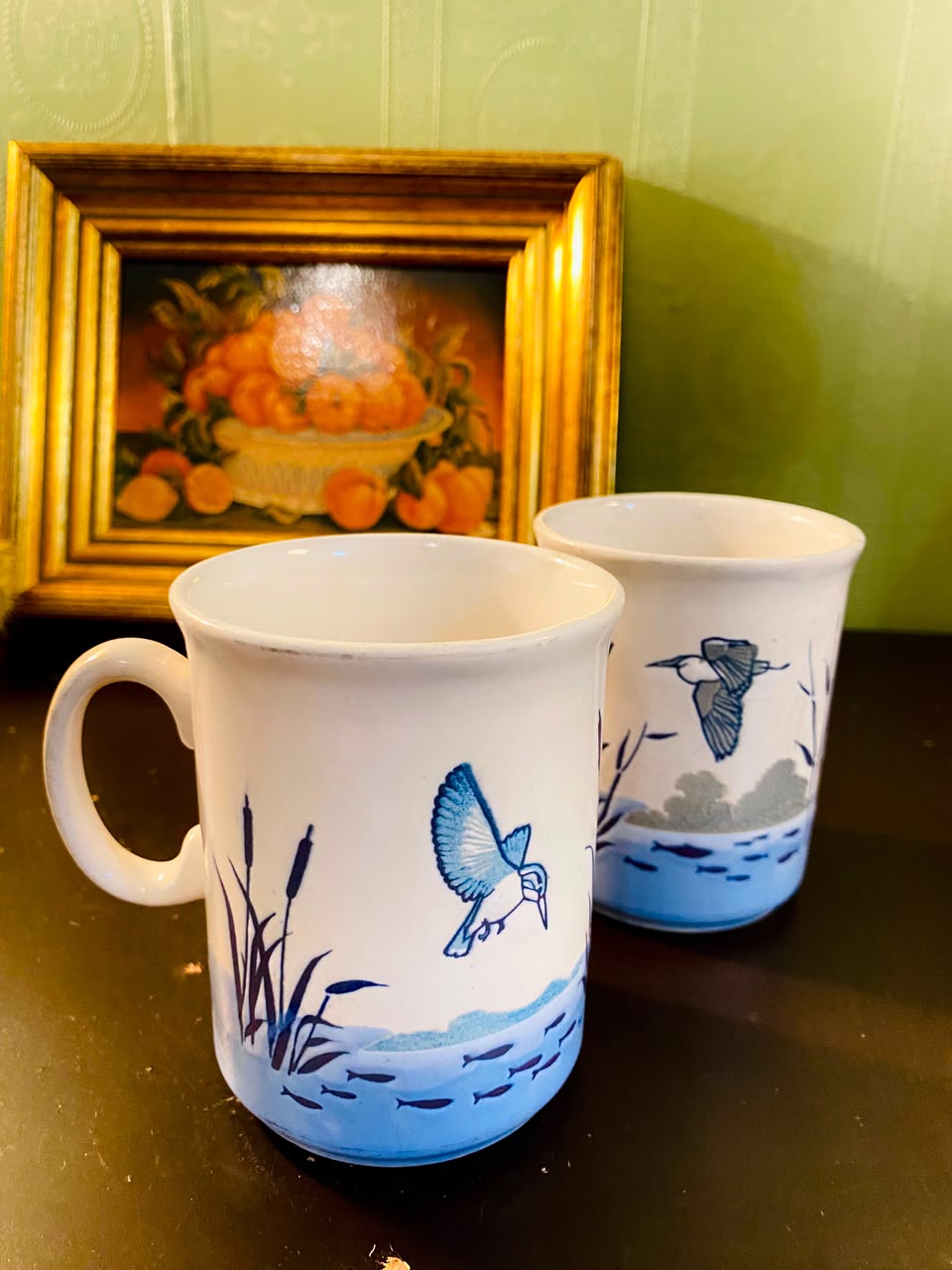 Blue Heron & Fish Ceramic Mugs 2 Pieces 11cm