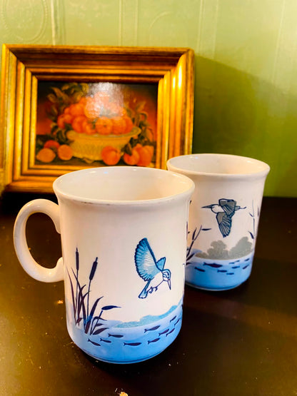 Blue Heron & Fish Ceramic Mugs 2 Pieces 11cm