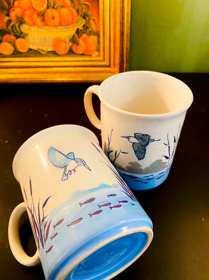 Blue Heron & Fish Ceramic Mugs 2 Pieces 11cm