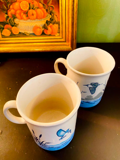Blue Heron & Fish Ceramic Mugs 2 Pieces 11cm