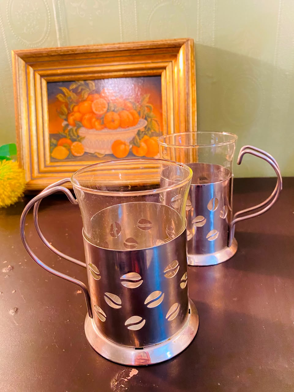 Coffee Bean Crystal Cups with Metal Holders 2 Pieces 12cm