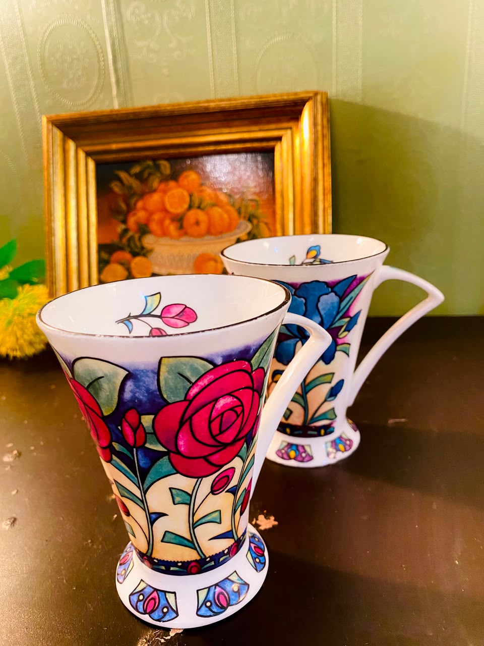 Colourful Floral Footed fine bone china Mugs 2 Pieces 11cm