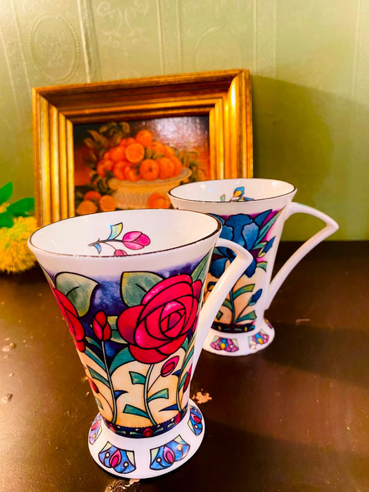 Colourful Floral Footed fine bone china Mugs 2 Pieces 11cm