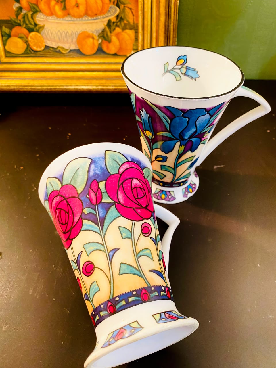 Colourful Floral Footed fine bone china Mugs 2 Pieces 11cm