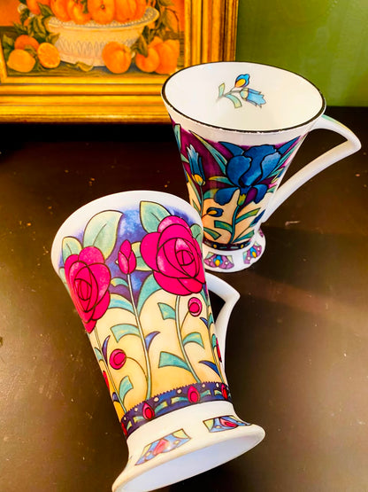 Colourful Floral Footed fine bone china Mugs 2 Pieces 11cm