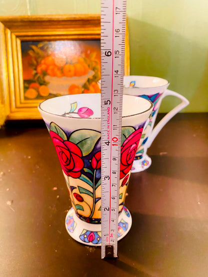 Colourful Floral Footed fine bone china Mugs 2 Pieces 11cm