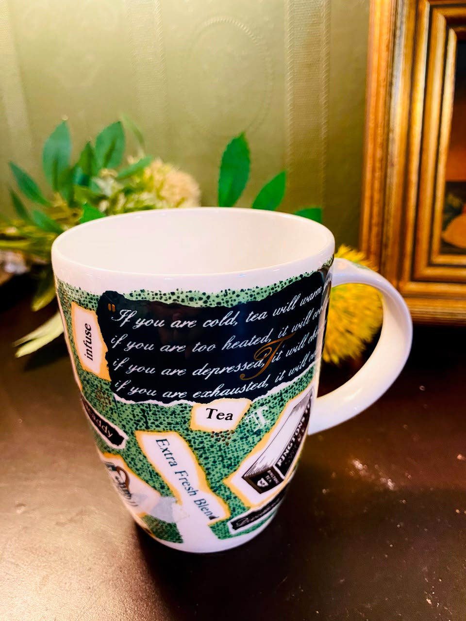Vintage Tea Quote Ceramic Mug White & Green 1 Piece 10cm