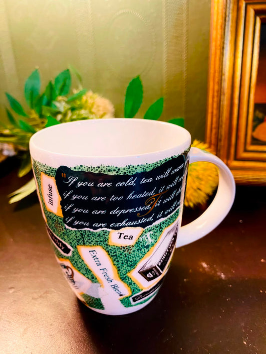 Vintage Tea Quote Ceramic Mug White & Green 1 Piece 10cm