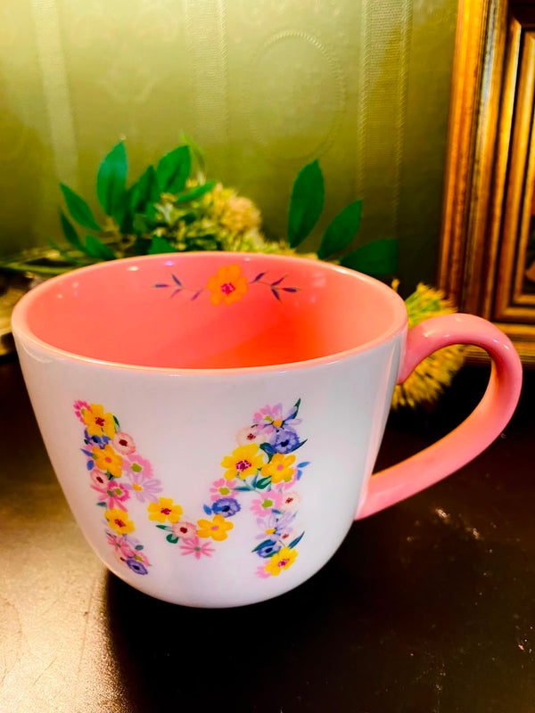 Pink Floral Initial U Ceramic Mug White 1 Piece 10cm