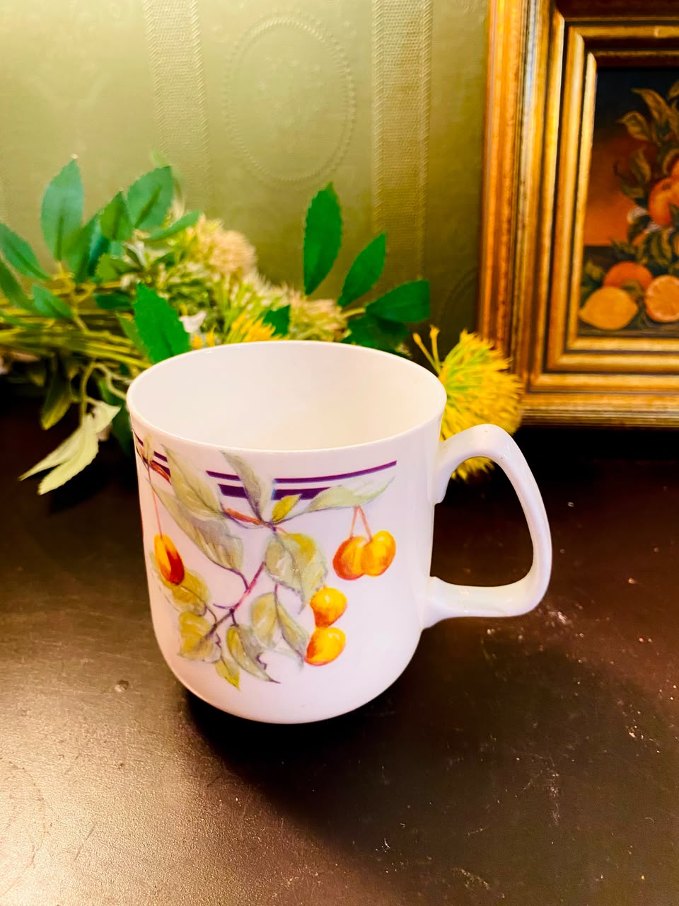 Yellow Fruit & Leaf Ceramic Mug White 1 Piece 10cm