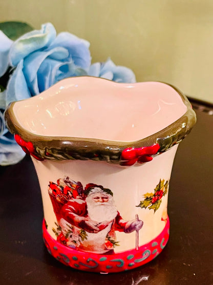 Christmas Santa Ceramic candle Planter Pot Holly Design 1 Piece