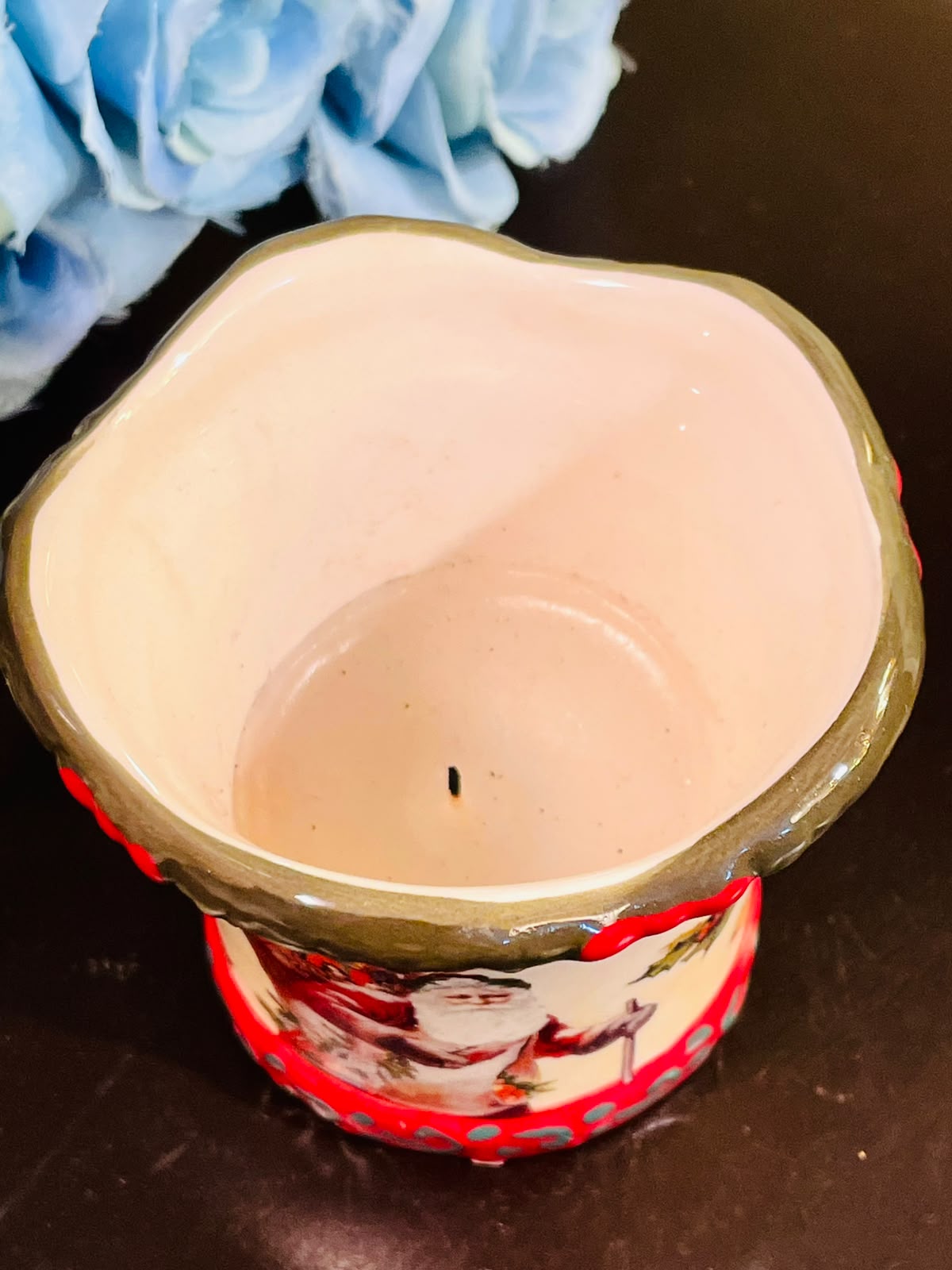 Christmas Santa Ceramic candle Planter Pot Holly Design 1 Piece