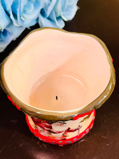 Christmas Santa Ceramic candle Planter Pot Holly Design 1 Piece