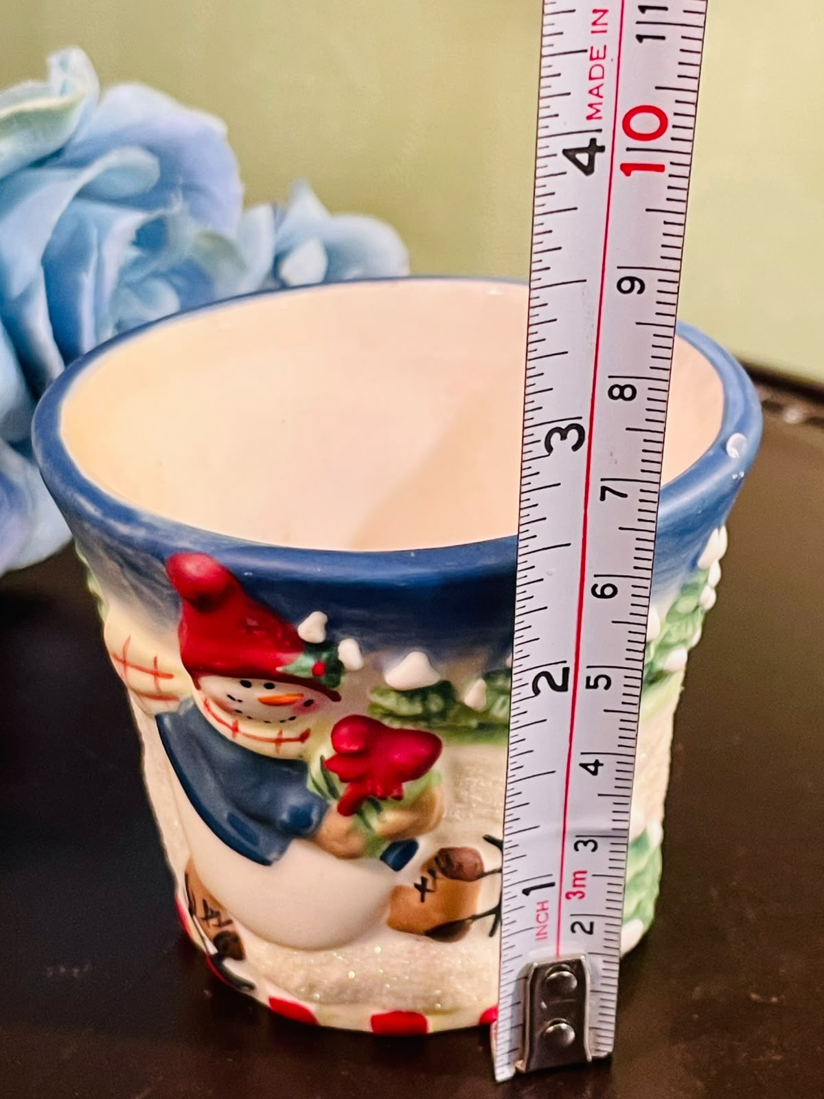 Snowman Christmas Ceramic Candle Blue 8cm