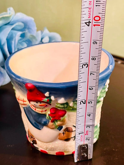 Snowman Christmas Ceramic Candle Blue 8cm
