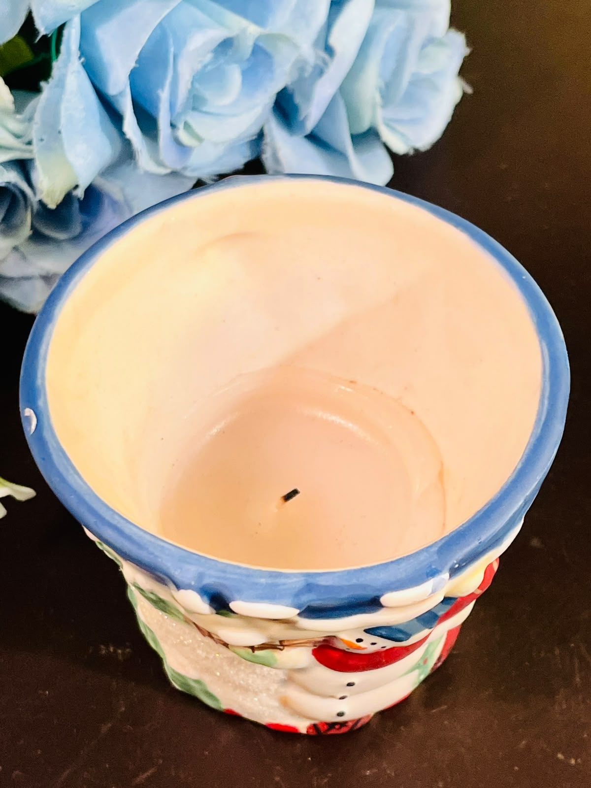 Snowman Christmas Ceramic Candle Blue 8cm