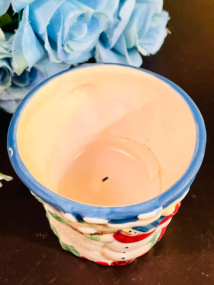 Snowman Christmas Ceramic Candle Blue 8cm