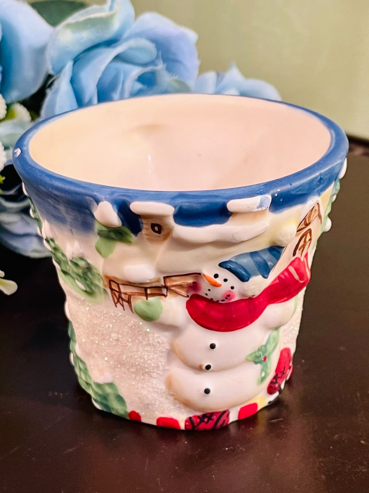 Snowman Christmas Ceramic Candle Blue 8cm