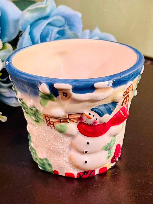 Snowman Christmas Ceramic Candle Blue 8cm