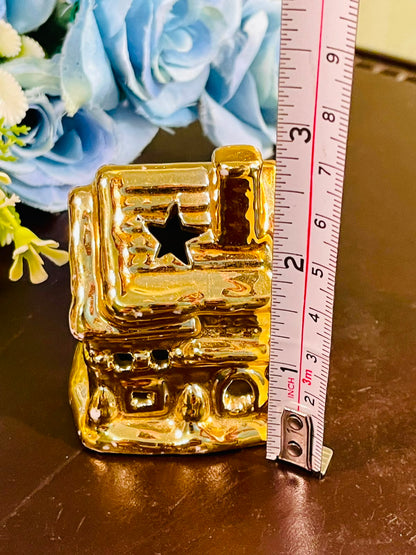 Gold Ceramic Mini House LED Decor with Star Cutout 6cm