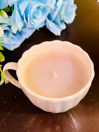 White Ceramic Teacup Candle with Scalloped Rim – Decorative Mini Candle