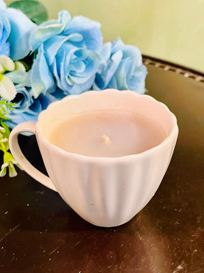 White Ceramic Teacup Candle with Scalloped Rim – Decorative Mini Candle