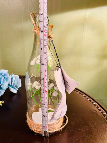 Decorative Glass Bottle with Faux White Flowers & LED Fairy Lights – Rustic Jute Base, 23 cm