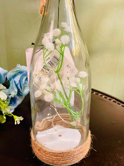 Decorative Glass Bottle with Faux White Flowers & LED Fairy Lights – Rustic Jute Base, 23 cm