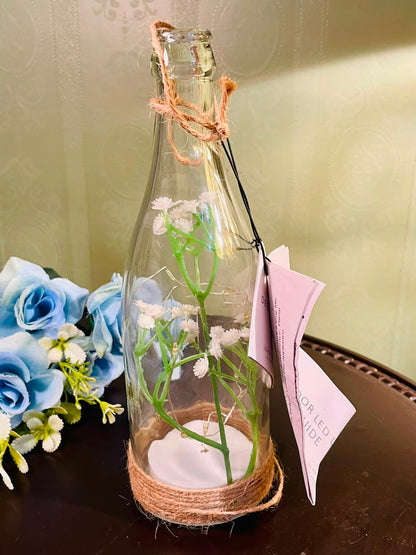 Decorative Glass Bottle with Faux White Flowers & LED Fairy Lights – Rustic Jute Base, 23 cm